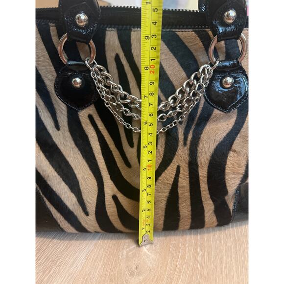 Roberta Gandolfi Leather Bag Patent Zippered Large Zebra Hair Purse Black Brown - Picture 11 of 11